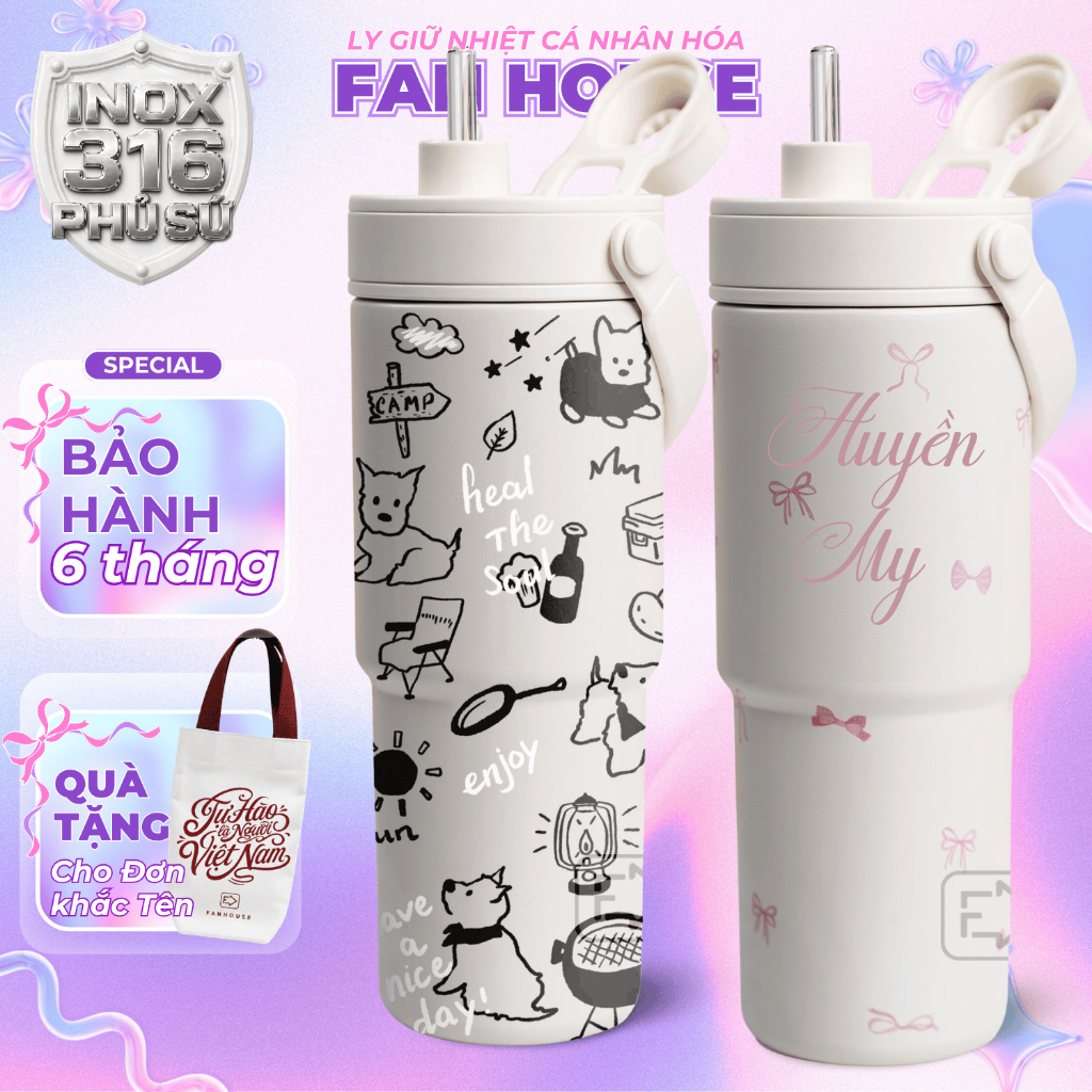Ly giữ nhiệt Simply Inox 316 cao cấp 735ml lõi phủ sứ cốc giữ nhiệt Fan House có ống hút, quai xách