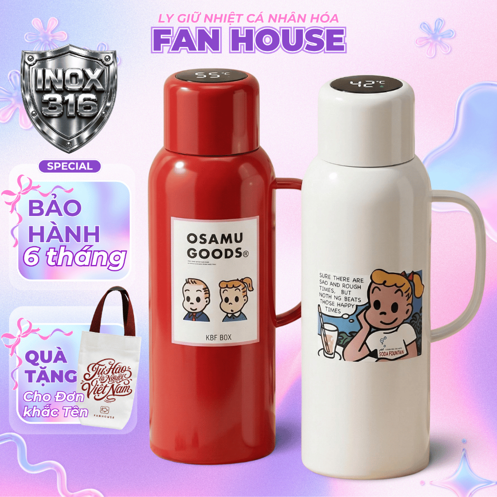 Bình giữ nhiệt Osamu inox 316 cao cấp, Fan House phích nước giữ nhiệt 820ml có màn hình đo nhiệt độ