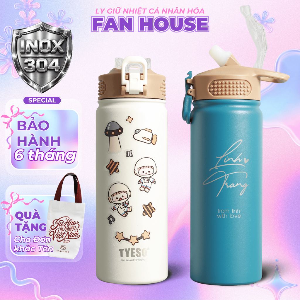 Bình giữ nhiệt Tyeso chính hãng 530ml bình nước giữ nhiệt Fan House inox 304 khắc tên theo yêu cầu